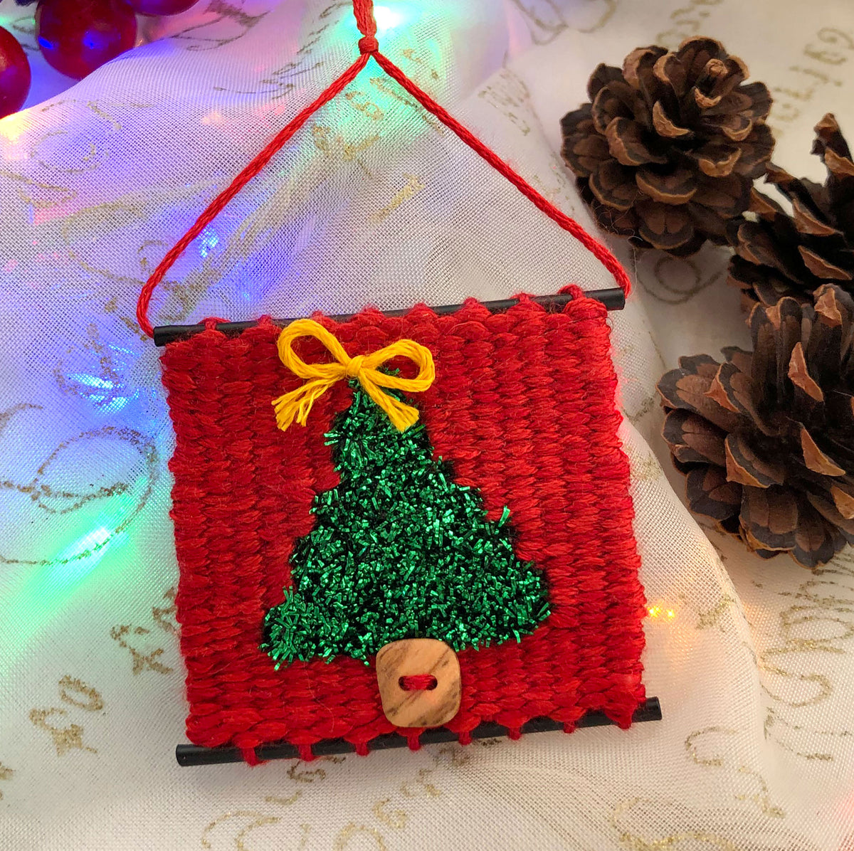 Handwoven Christmas Tree Ornament  Kit - Yarn, Button, and Long Beads